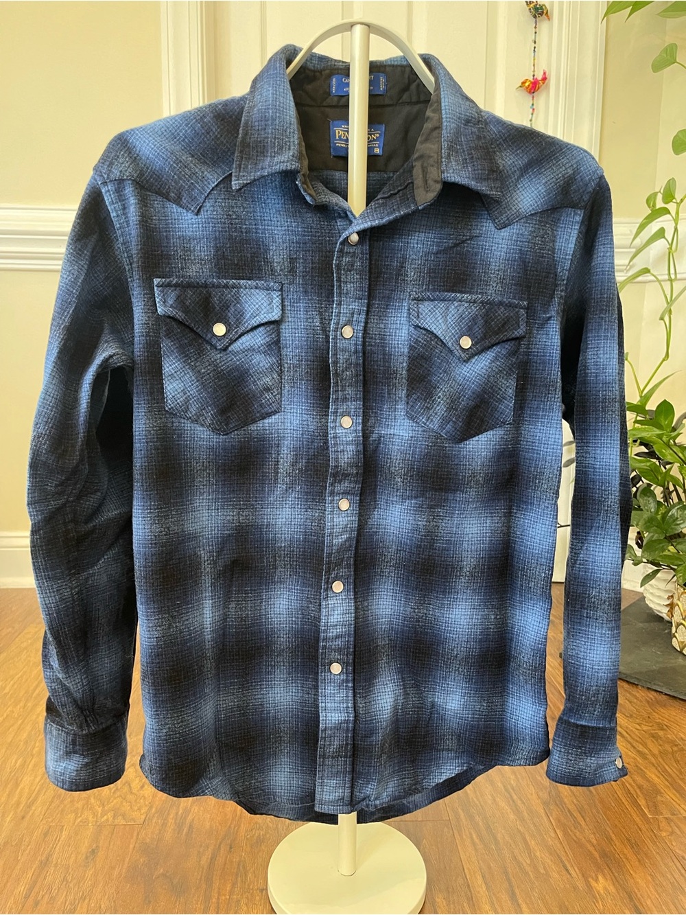 Pendleton Mens Canyon Western Snap Front Shirt Blue Black Plaid Pearl Size M